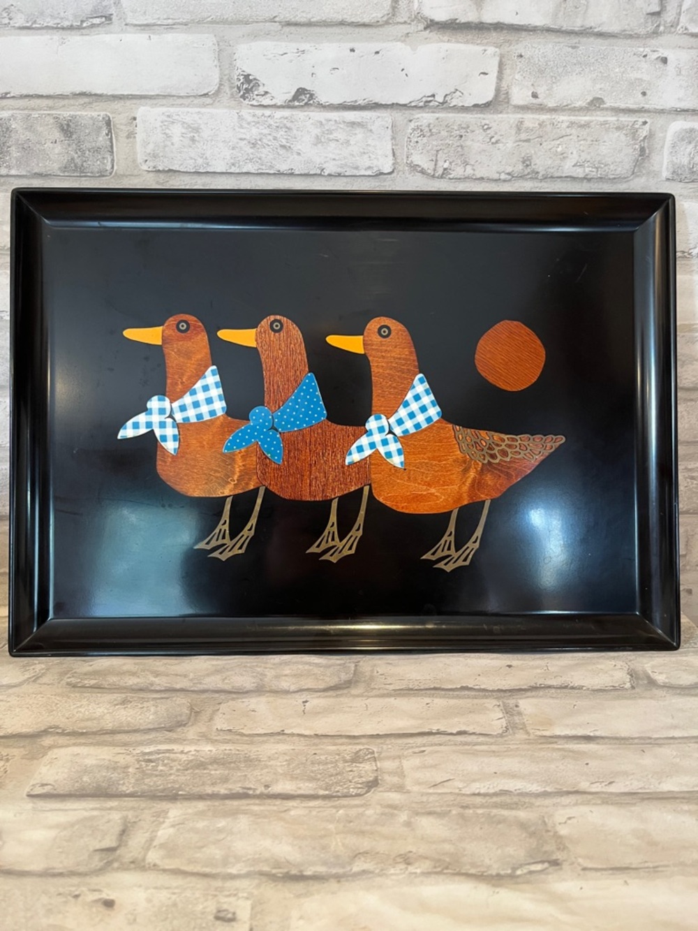 Couroc Vintage Trio of Ducks Decorative serving Tray Black & Brown  Blue Accents